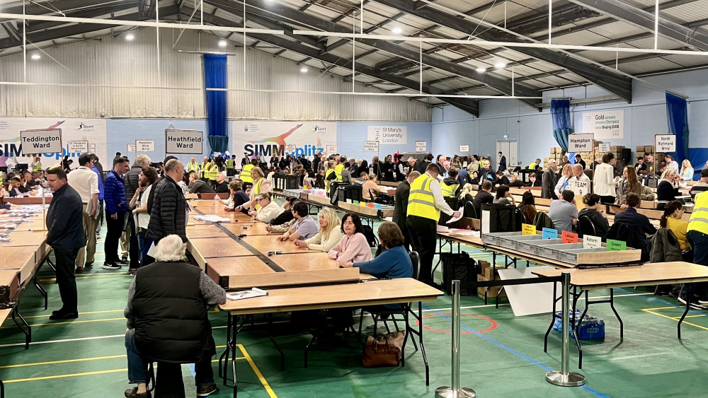 The Richmond upon Thames local election results are being counted at St Mary's University London (credit: Nub News).