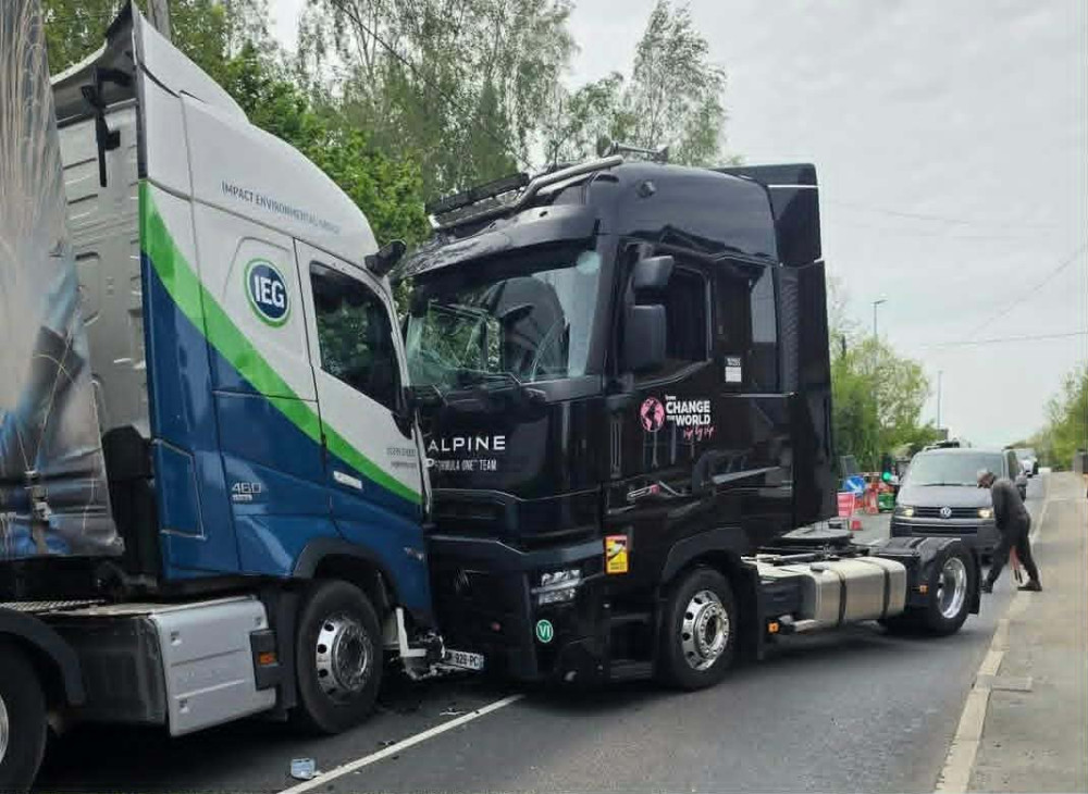 A collision between two HGVS and two cars on A54 Holmes Chapel Road in Middlewich caused traffic tailbacks yesterday. (Photo: Middlewich Community page/Maxine Watkinson)