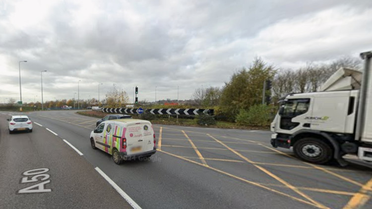 There are delays of 15 minutes on the A500 north and 25 minutes on A500 south approaching Sideway roundabout (image via Google Street View)