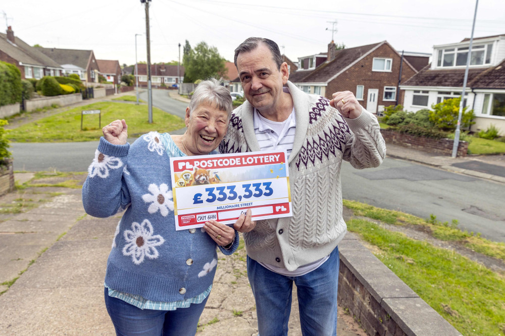 Nancy and Colin Barkley celebrating their £333k win in Crewe (Photo Postcode Lottery).