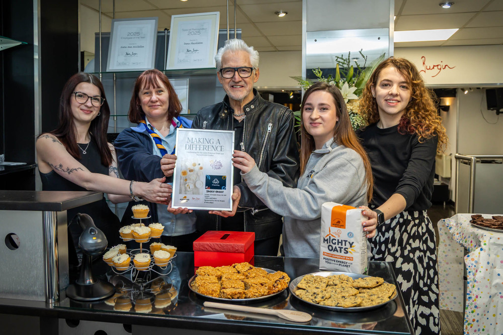 Steven Burgin and team joined by Abi Kennish from Mornflake and Claire Reading from Nantwich Girl Guides to launch the fundraiser (Photo: Jan Roberts).