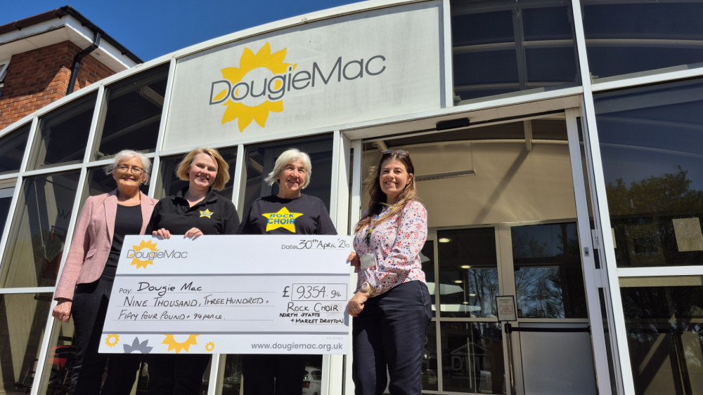 Left to right: Susan Lownds (Kevin Lownds Funeral Services), Beverley Mason (Rock Choir leader), Kath Noden (Rock Choir member) and Amanda Matthews (Community Fundraiser at Dougie Mac) (image via Dougie Mac)