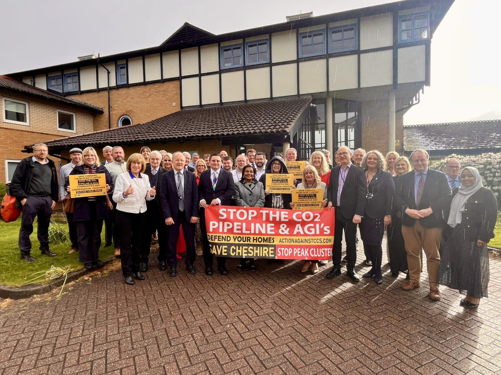 Local councillors gathered to show support for the campaign against the Peak Cluster CO2 pipeline project (Image via: CWaC Conservatives)