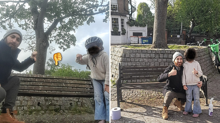 Rocco Mogliarisi and his daughter at the bench near Water Lane, Richmond before (left) and after cleaning it on 6 May (credit: Image supplied).