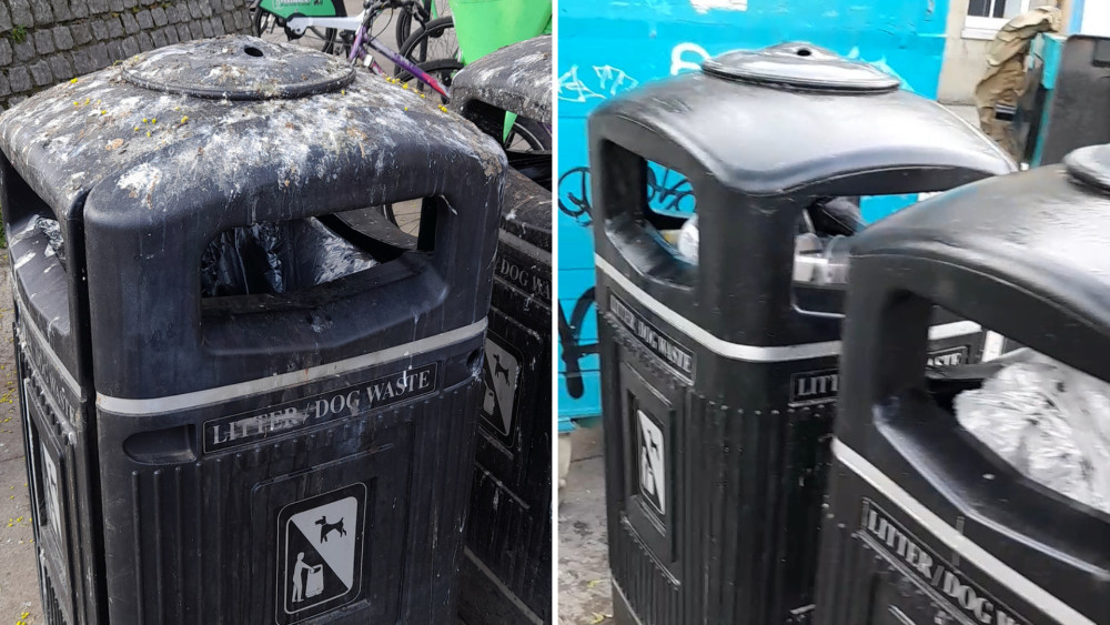 Bins near Water Lane, Richmond before (left) and after being cleaned up by Rocco Mogliarisi and his daughter on 6 May (credit: Image supplied).