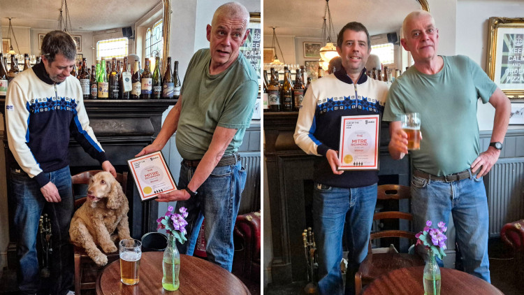 (Left to right) Chris French with his dog, Rudi, being presented with the Pub of the Year award by Bob Gordon Branch Chairman at The Mitre earlier this month (credit: Image supplied).