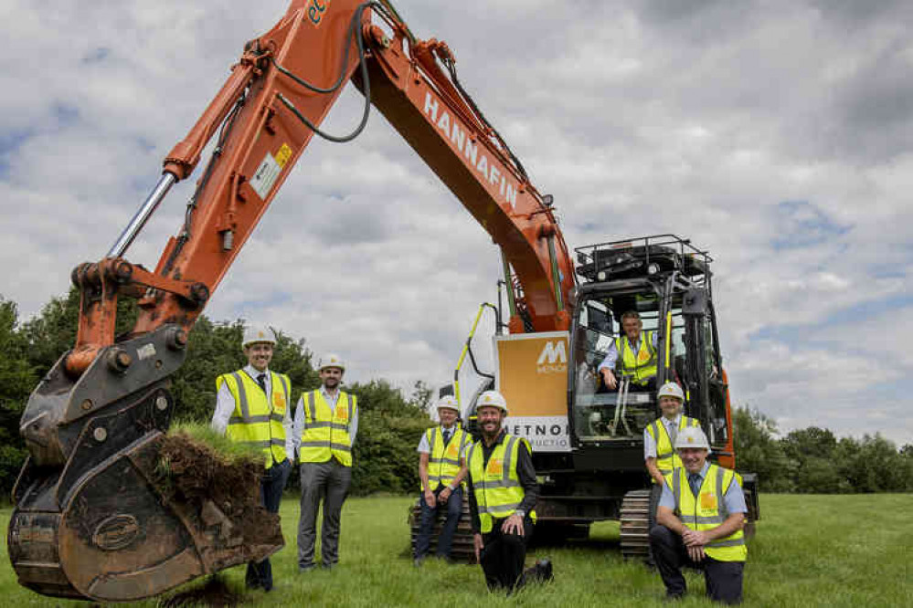 NWLDC leader Richard Blunt breaking the earth at the site. Pictured l-r Joe Jones (Metnor), Cllr Andrew Woodman, NWLDC head of community services Paul Sanders, Duncan Gibb (Everyone Active), Paul Dowling (Everyone Active) and Paul Hankin (Metnor)