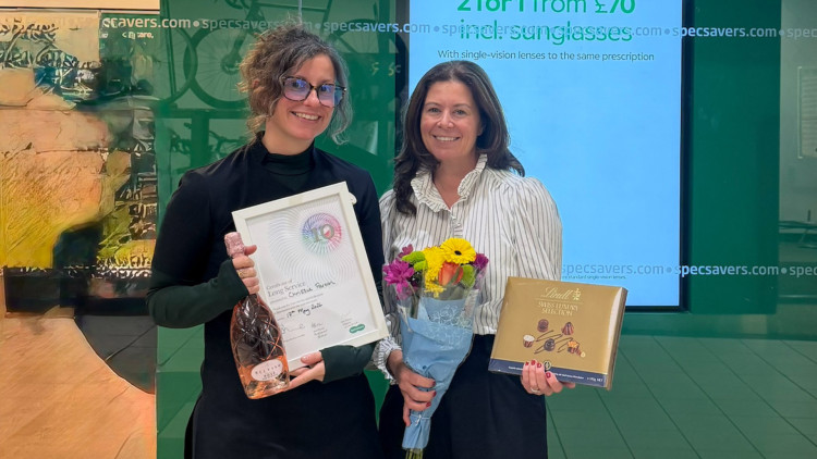 Chrissie Parton with Angharad Butler, store director at Specsavers Macclesfield (Credit: Supplied)