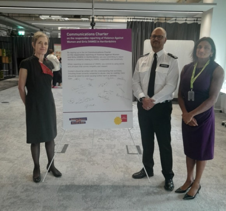 The launch event, which took place in Stevenage on Monday 18 May, brought together local government, Hertfordshire Constabulary, partner organisations, survivors and members of the media to strengthen the collective response to VAWG across the county (Credit: Hertfordshire County Council)