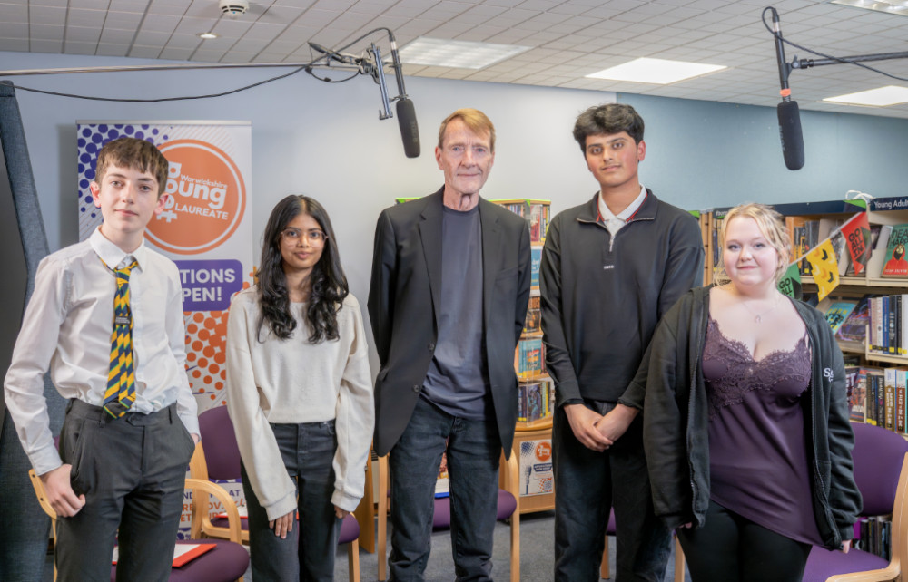 Left to right: Warwickshire Libraries' Youth Advisory Board members: Noah, Shree, Rafi and Grace with Lee Child (image supplied) 