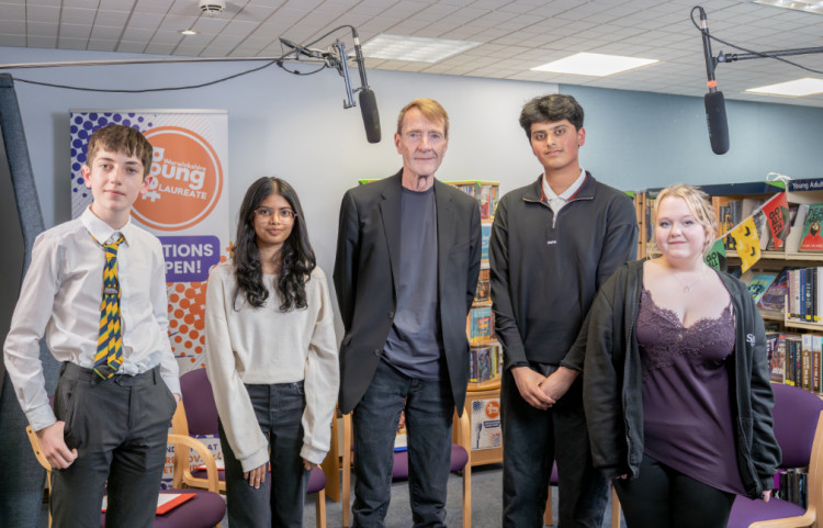 Left to right: Warwickshire Libraries' Youth Advisory Board members: Noah, Shree, Rafi and Grace with Lee Child (image supplied) 