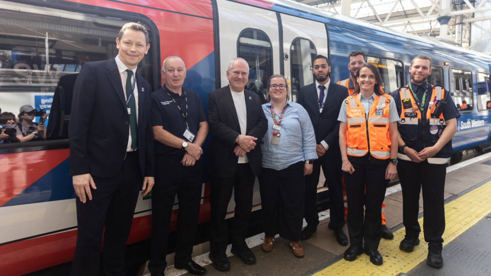 To celebrate one year in public control Rail Minister Lord Peter Hendy (third from left) unveiled a GBR branded train (credit: South Western Railway).