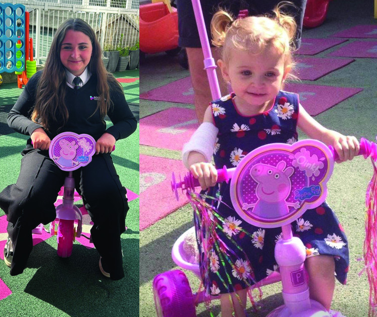 Eva on her trike, aged two, and copying the same pose, now aged 13.