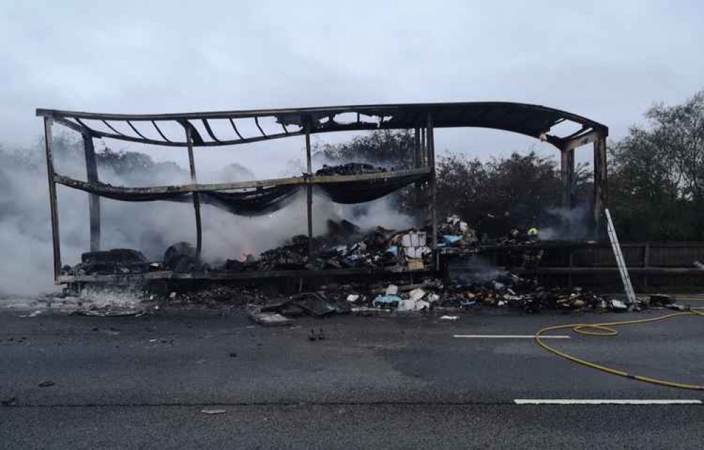 The lorry trailer was completely gutted in the blaze. Photo: Highways England