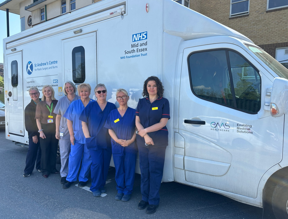 Staff outside the Burns Bus l-r: Kareena Stacey – Admin, Penny Byford – Admin, Sue Boasman - Advanced Nurse Practitioner, Sarah Wright - Staff Nurse, Trudy Mahr - Junior Sister, Joanne Owens - Junior Sister, Tara Hanmer - Senior Sister