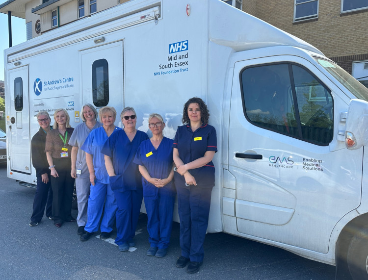 Staff outside the Burns Bus l-r: Kareena Stacey – Admin, Penny Byford – Admin, Sue Boasman - Advanced Nurse Practitioner, Sarah Wright - Staff Nurse, Trudy Mahr - Junior Sister, Joanne Owens - Junior Sister, Tara Hanmer - Senior Sister
