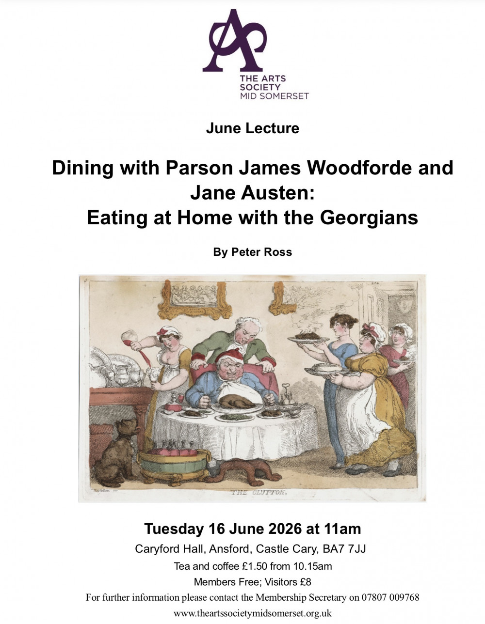 Arts Society Mid Somerset Lecture ‘Dining with Parson Woodforde and Jane Austen: Eating at Home with the Georgians’