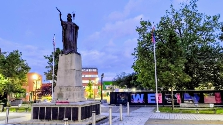 Cheshire East Council is seeking advertisement consent to install a Pride Progress Flag in Crewe's Memorial Square, behind Crewe War Memorial (Photo: Ryan Parker).