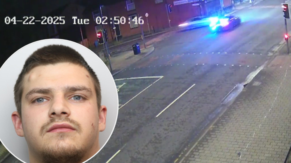 Shaun Orchard, 23, of Hazel Grove (inset), has been sentenced to more than three years in prison after his dangerous driving left a police officer with serious injuries (Images - GMP)