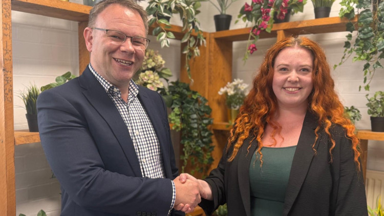 Philip White, opposition leader on Staffordshire County Council, welcomes Cllr Charlotte Kelly to the Conservative group following her defection from Reform (image via LDRS)