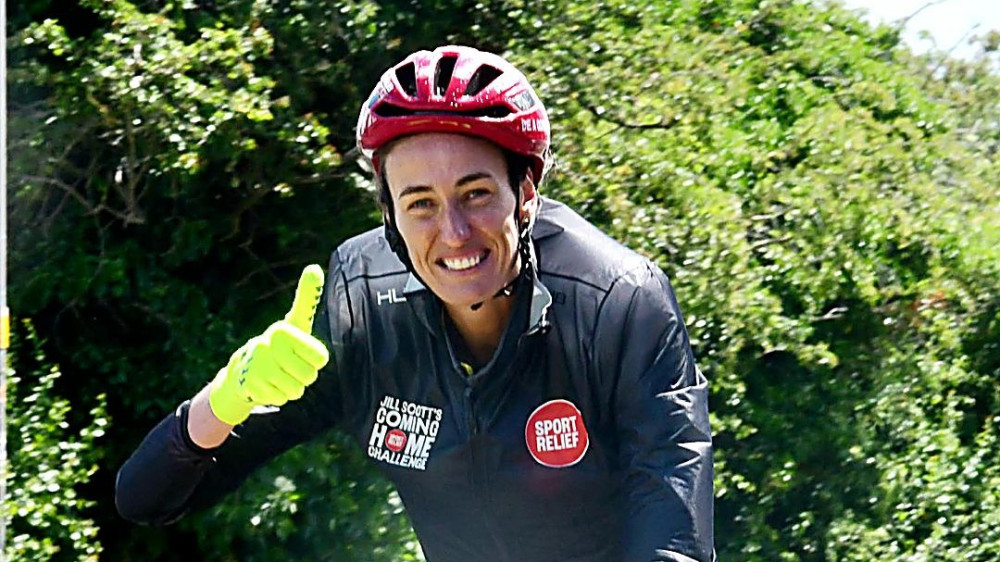 Ex-England football star Jill Scott MBE cycled through Nantwich on Tuesday 9 June, as part of Comic Relief’s Sport Relief “Coming Home Challenge" (Photo: Des Evans).