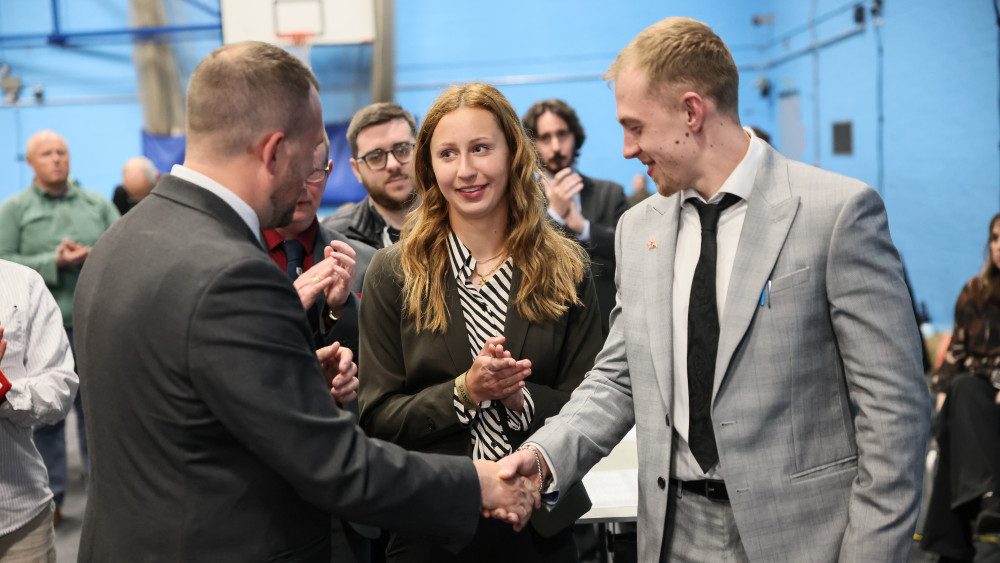 Councillor Olivia Westcott (formerly Wozny) with fellow Reform UK councillors Jonathan Gullis and Charlie Clarke (image via Pete Stonier/The Sentinel)