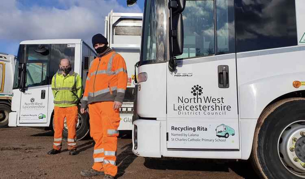 North West Leicestershire District Council waste services staff Adam Orton (left) and Kieron Jones (right) with two of the newly-named trucks