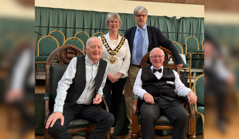 Mayor Suzy Firkin and deputy Robert Douglas with former world champions Steve Davis and Dennis Taylor at the No Tier Snooker Black Ball event in June (Credit: CTC)