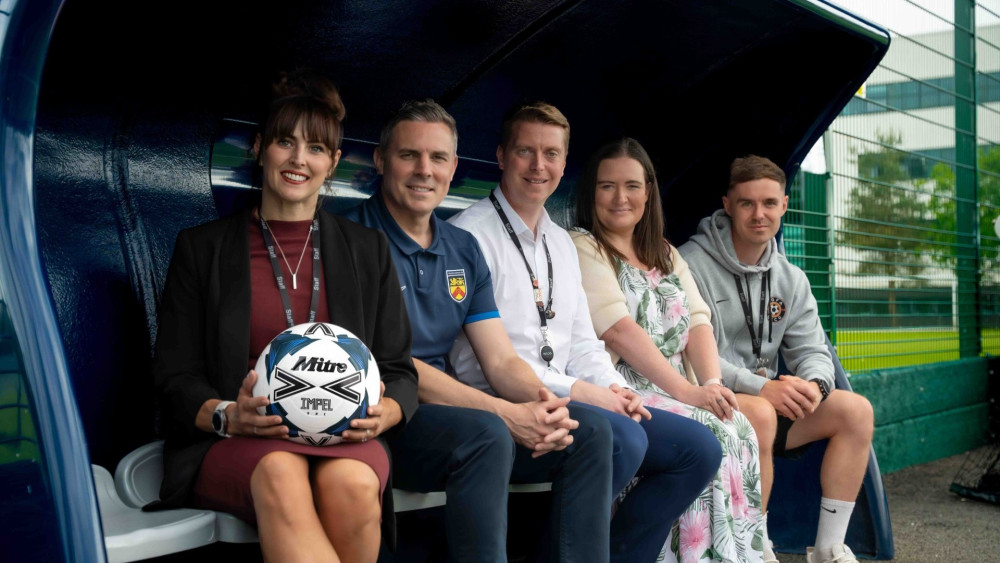 (Left to right) Shelley Brown, Principal Designate – NSCG, Gareth Thomas, Commercial & Partnerships Lead – Staffordshire FA, Mark Kent, Director of Professional Studies – NSCG, Lyndsey Cherry, Head of Employer Partnerships – NSCG, John Johnston, Football Academy Coach, NSCG (image via NSCG)
