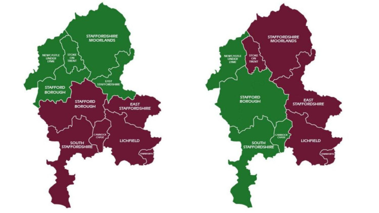 Proposal for North Staffordshire and Southern and Mid-Staffordshire unitary councils vs proposal for East Staffordshire and West Staffordshire unitary councils (image via Stafford Borough Council)