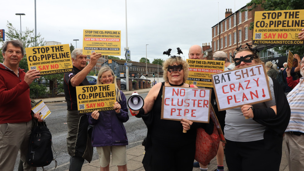 A protest against the plans to build a 121-mile CO2 pipeline took place in Macclesfield on Sunday, June 28 (Credit: Julia Latham Photography)