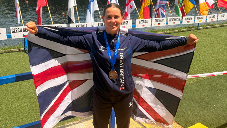 16-year-old Isabella Keane with her bronze medal at 2026 Canoe Marathon European Championships (credit: PaddleUK).