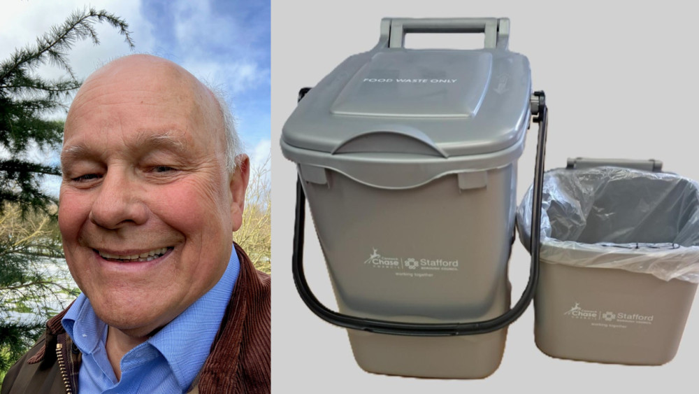 Mike Dodson, who represents Fulford, spoke up about his lack of food waste bin during a discussion on council complaints (left image via LDRS / right image via Stafford Borough Council)