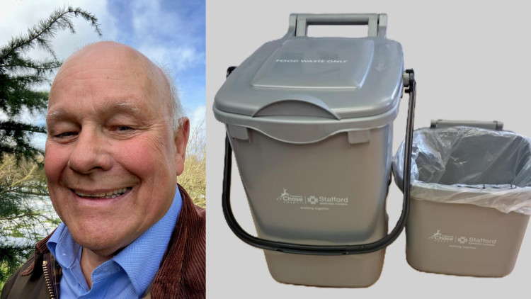 Mike Dodson, who represents Fulford, spoke up about his lack of food waste bin during a discussion on council complaints (left image via LDRS / right image via Stafford Borough Council)