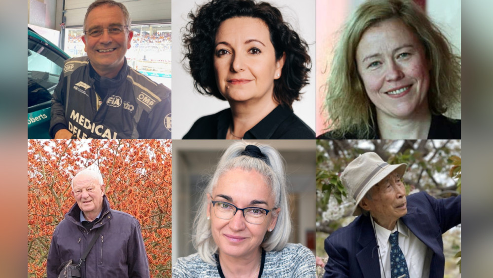 Top row (L-R): Dr Ian Roberts, Francesca Hegyi OBE, and Joanna Killian OBE, bottom row (L-R): Chris Sanders, Professor Eva Nogales, and Masatoshi Asari (image via Keele)