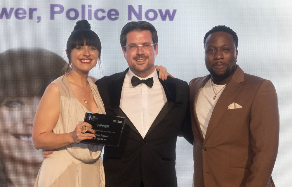 (left to right): Clare Power, Chief Marketing Officer at Police Now, who won the ISE’s Early Talent Changemaker of the Year award; Ben Williams, Chief Scientist at Unseen Group, which sponsored the award; and comedian Babatunde Aléshé, who hosted the awards (image via Neil Randle)