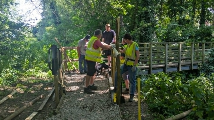 Hardworking volunteers from Sandbach Woodland and Wildlife Group replace a vandalised rail in Dingle Wood. (Photo: Nub News)
