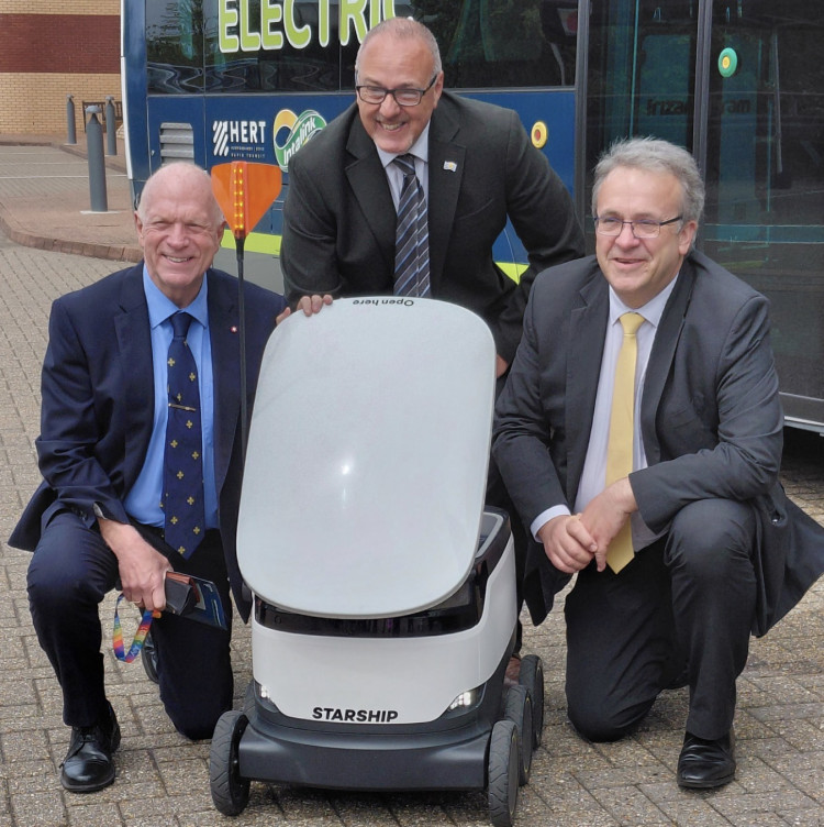 Cllr Stephen Giles-Medhurst, Cllr Adrian England and Cllr Paul Zukowskyj are pictured with one of Starship Technologies’ autonomous delivery robots at an event held earlier this year.