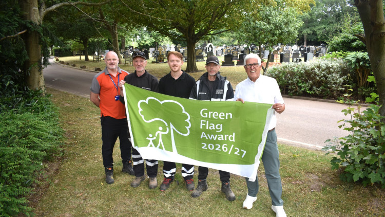 (Left to right) Garry (Grounds Supervisor), Garry (Cemetery Operative), Kurt (Cemetries Supervisor), Wayne (Cemetery Operative) and Cllr Ken Hawkins (image supplied)