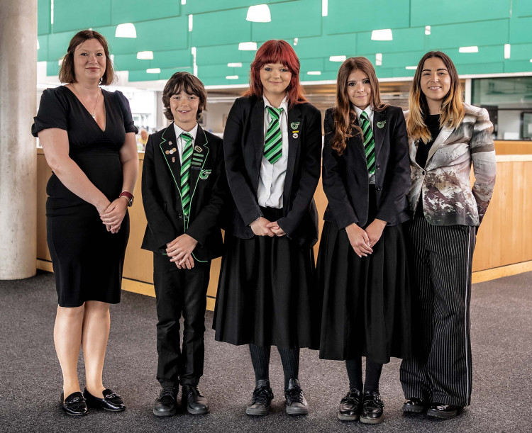 Fiona Bray, Bellway East Midlands Sales Manager, with winning students Sebastian Fresia-Farrelly, Hope Revitt and Abbie Dales, and Curriculum Lead of Art Mrs Sanger (Photo: supplied)