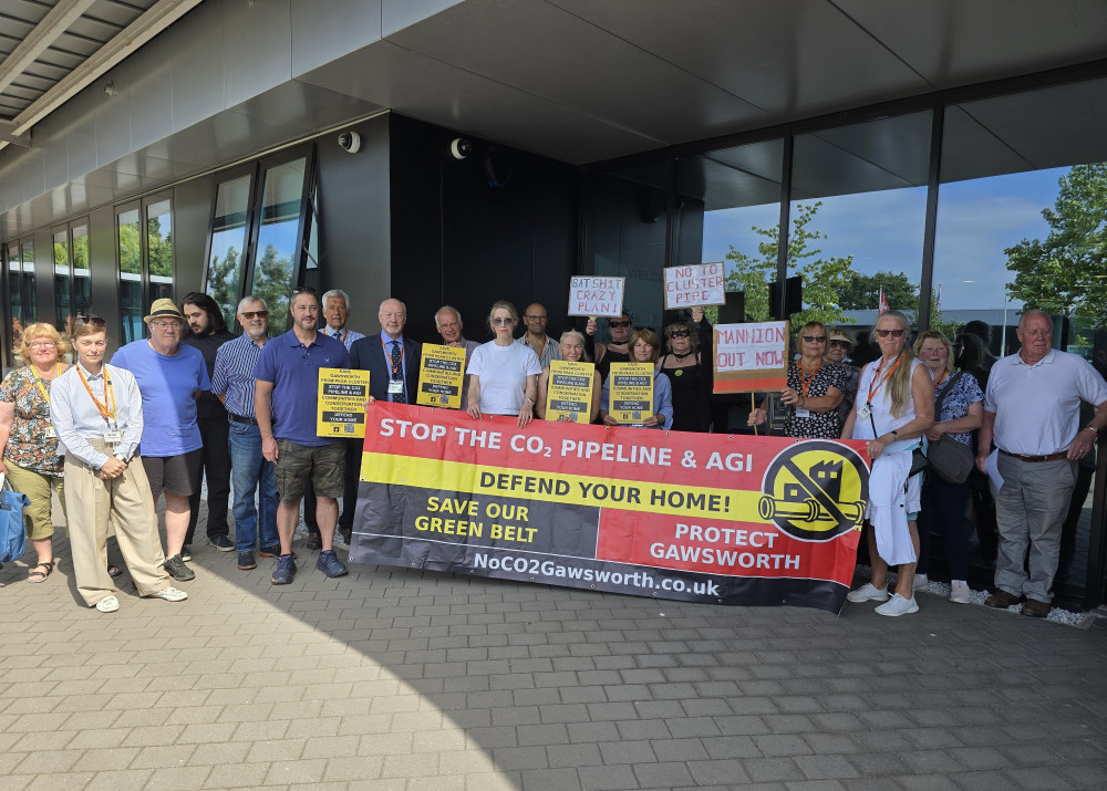 Peak Cluster protesters are joined by some Conservative councillors outside Cheshire East's full council meeting at Jodrell Bank (Credit: LDRS)