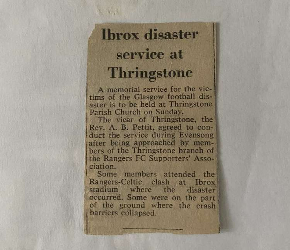 A newspaper cutting records Thringstone marked the Ibrox disaster in 1971