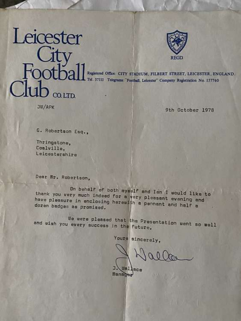 A letter to Chick Robertson from ex-Leicester City manager Jock Wallace