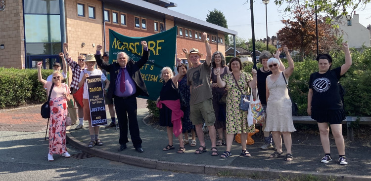 Damon Hoppe And Supporters Outside Cannock Magistrates' Court  (image via Kerry Ashdown)