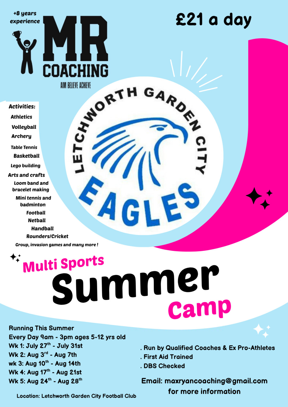 The camp runs from 9:00 am to 3:00 pm each day