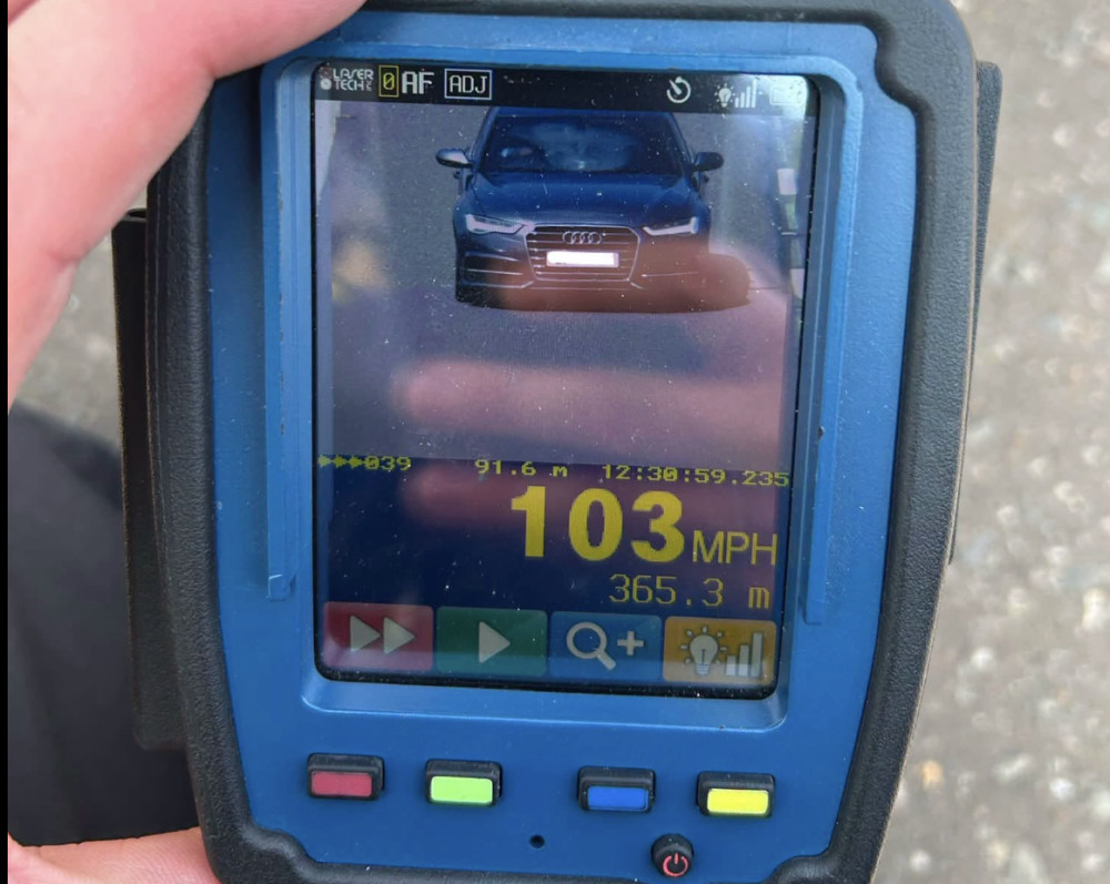 Warwickshire Police's speed checks catch driver at 103 mph on M40, as part of efforts targeting Fatal Four offences to reduce serious collisions (image via Warwickshire Police) 