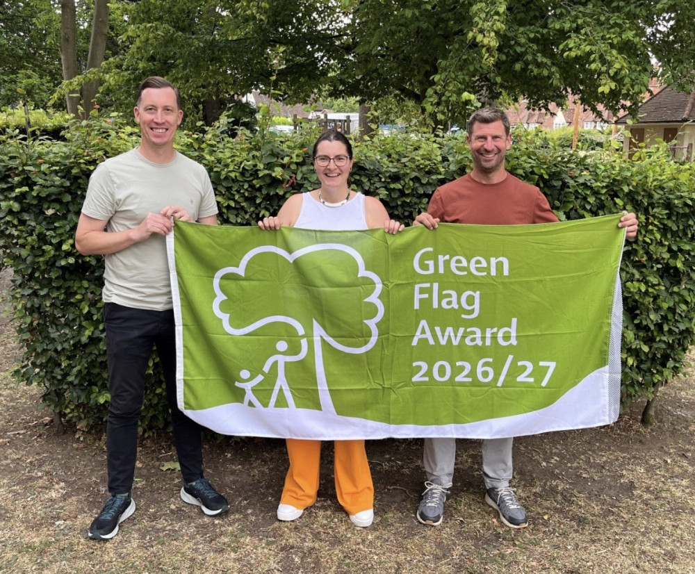 Tom Ayres, North Herts Council’s Greenspace Grounds Maintenance Manager, pictured with Cllr Amy Allen, Executive Member for Environment at North Herts Council, and Alan North, Greenspace Service Manager, at Howard Park and Gardens in Letchworth