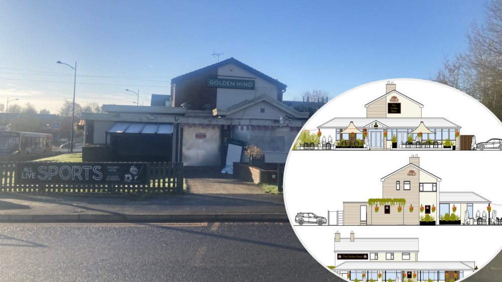 Plans for the renovation of the Golden Hind in Offerton have been submitted, offering a preview of what the pub's makeover could look like (Images: main - Nub News / inset - SMBC planning portal)