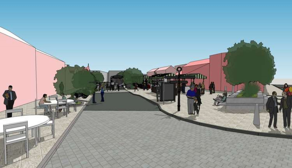 rtist's impression of the redesigned Marlborough Square on market day, looking from Belvoir Road