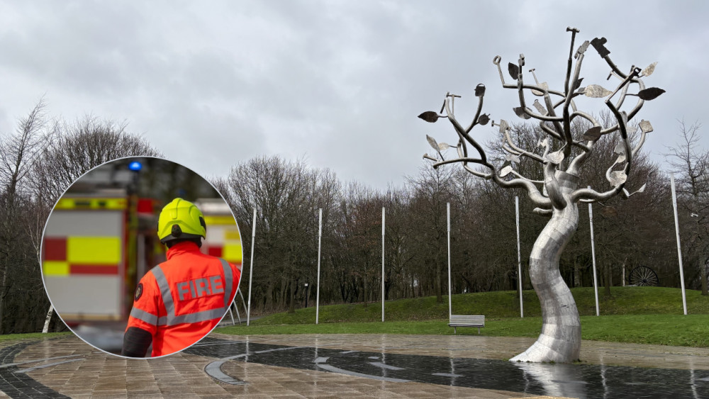 Firefighters responded to a 'large grass fire' at Central Forest Park (main image via Nub News / inset image via Staffordshire Fire and Rescue Service)